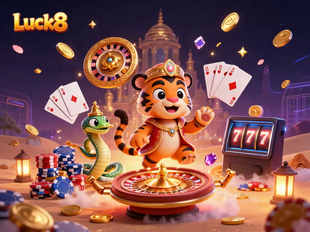 Experience Luck8 with vibrant casino elements and a magical Arabian Nights theme.