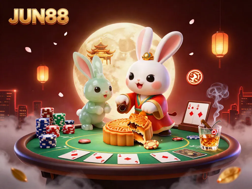 Experience gaming at JUN88 with a lively illustration of a moon rabbit revealing poker chips, symbolizing fortune.