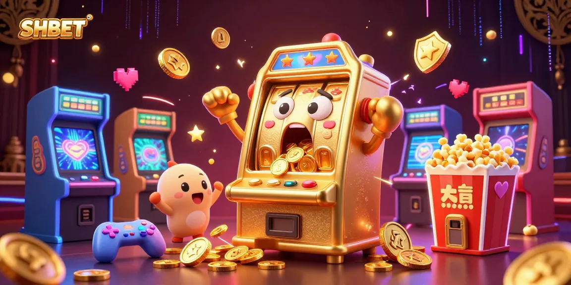 SHBET's golden slot machine hitting a jackpot surrounded by colorful gaming elements, celebrating casino excitement.