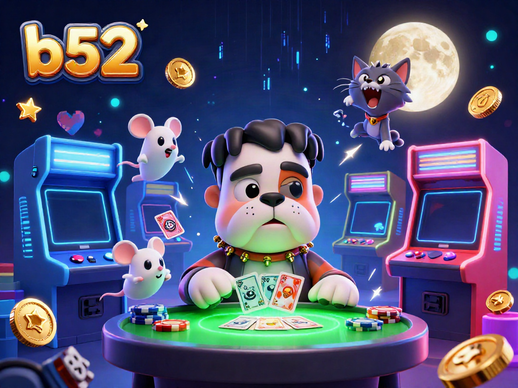 Experience the thrill of b52 gaming with a vibrant cartoon scene of a Frankenstein bulldog dealer and playful characters.