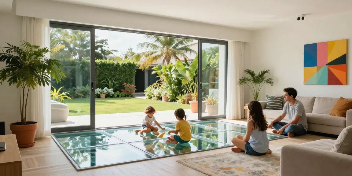 Modern living room with walkable glass panels under a family enjoying a sunny day, showcasing elegance and comfort.