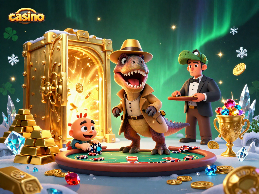 Engaging casino scene with velociraptor, stegosaurus, and compy amid gold treasures.