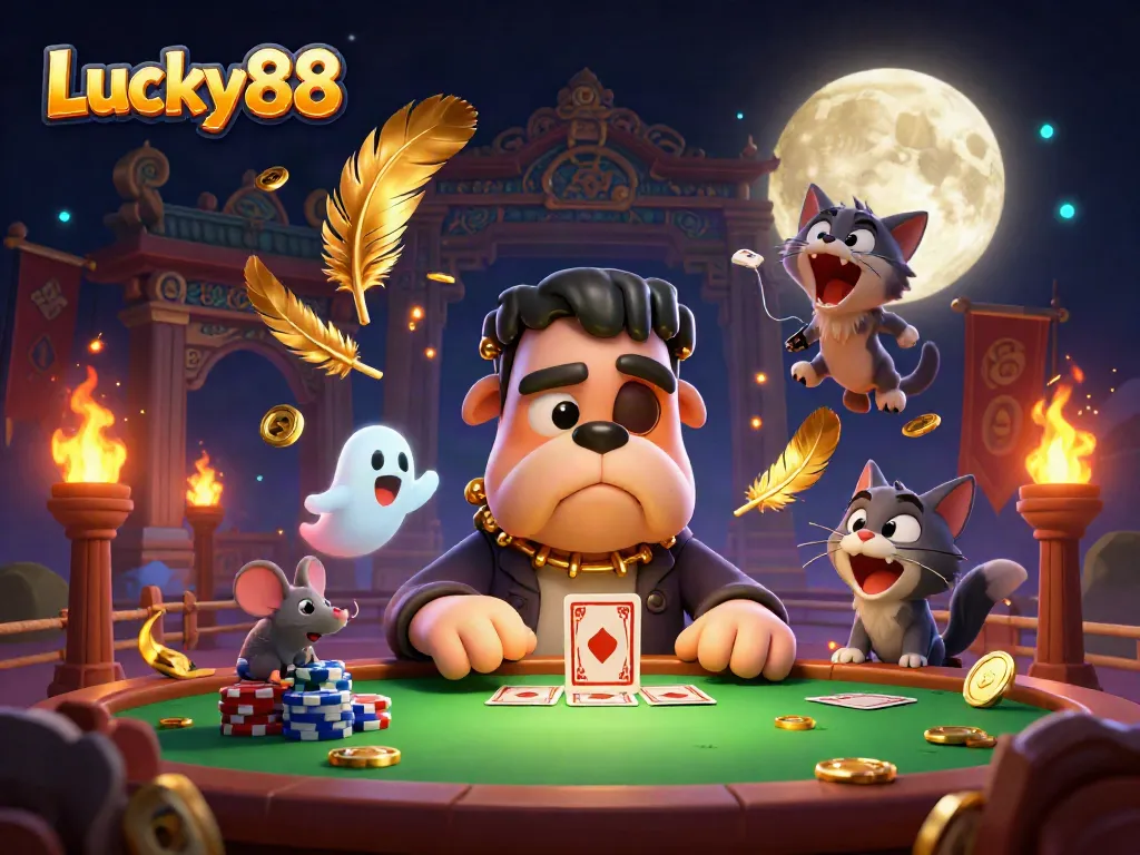 Experience the excitement of Lucky88 with a 3D cartoon scene of a card-dealing bulldog monster, ghost mouse, and howling kitten.