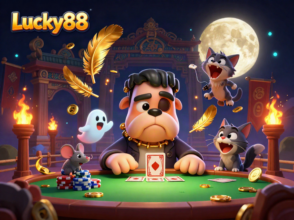 Experience the excitement of Lucky88 with a 3D cartoon scene of a card-dealing bulldog monster, ghost mouse, and howling kitten.