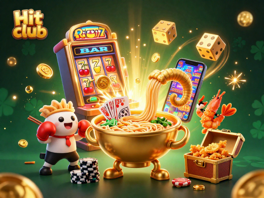 Engage with Hit club while enjoying a vibrant casino scene featuring playful characters and dynamic gaming elements.