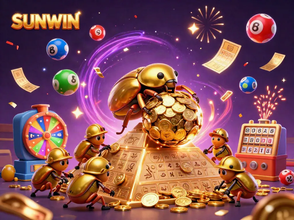 SUNWIN presents an exciting scene with golden beetles, lottery balls, and vibrant casino elements, perfect for engaging users.