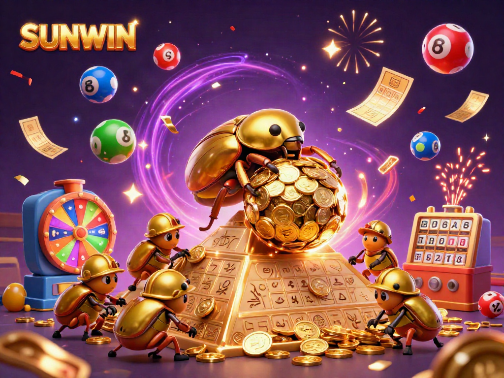 SUNWIN presents an exciting scene with golden beetles, lottery balls, and vibrant casino elements, perfect for engaging users.