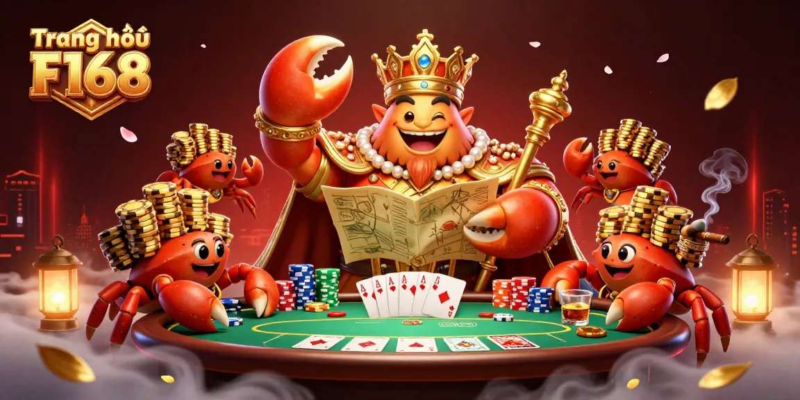 Engage in thrilling gameplay at Trang chủ F168 with a dynamic golden crab emperor overseeing a poker scene.