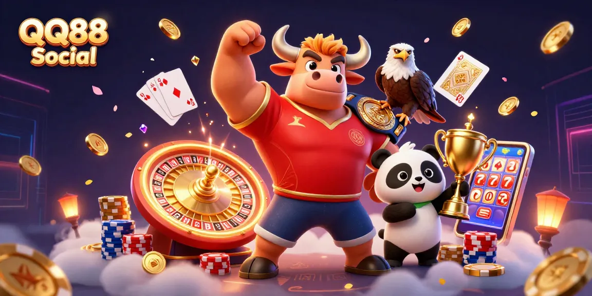 Engage with QQ88 Social: A 3D cartoon bull, eagle, and panda celebrate with casino elements, showcasing thrilling gaming experiences.