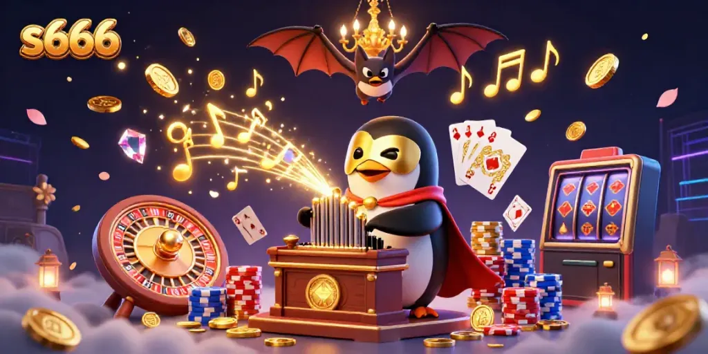 S666 casino-themed illustration featuring a playful penguin at a pipe organ releasing golden coins.