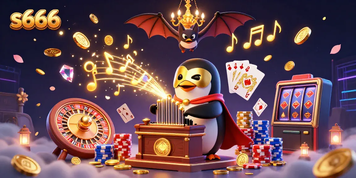 S666 casino-themed illustration featuring a playful penguin at a pipe organ releasing golden coins.