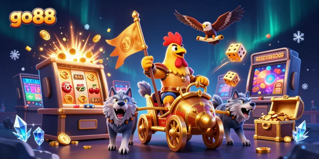 Engage in thrilling adventures at go 88 with a dynamic casino scene featuring a rooster warlord, slot machine explosions, and winning treasures.