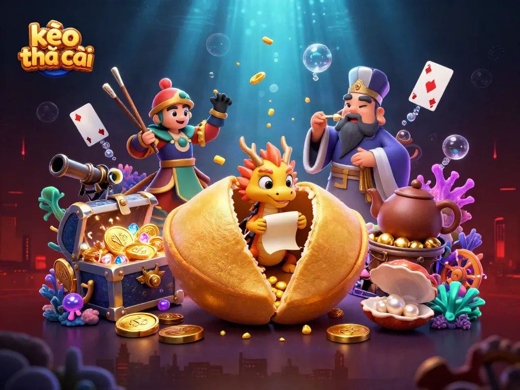 Engage with kèo nhà cái in an exciting 3D casino adventure featuring fortune cookie characters and treasures.