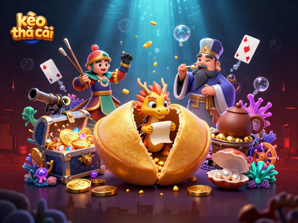 Engage with kèo nhà cái in an exciting 3D casino adventure featuring fortune cookie characters and treasures.