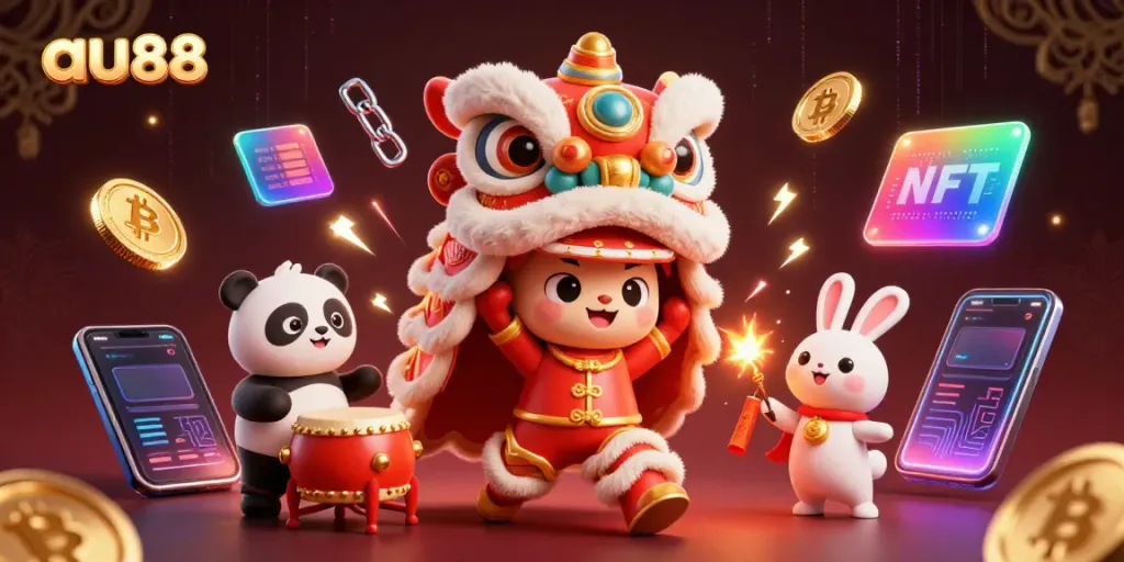 Engage with thrilling gaming at au88, featuring vibrant lion dancers amidst cryptocurrency elements.
