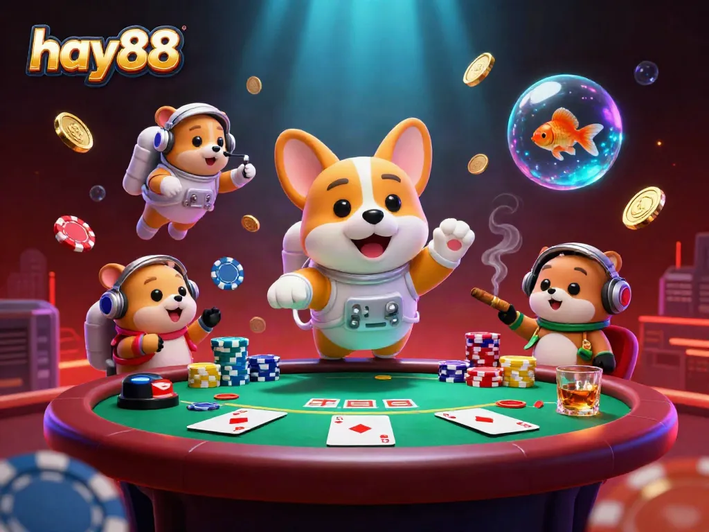 Experience thrilling gameplay at hay88 with a floating astronaut corgi in a vibrant casino setting.
