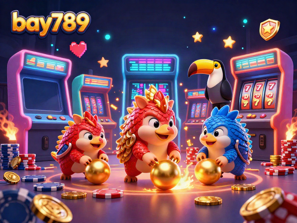 Engage with bay789's dynamic gaming experience featuring lively pangolins amidst colorful casino elements.