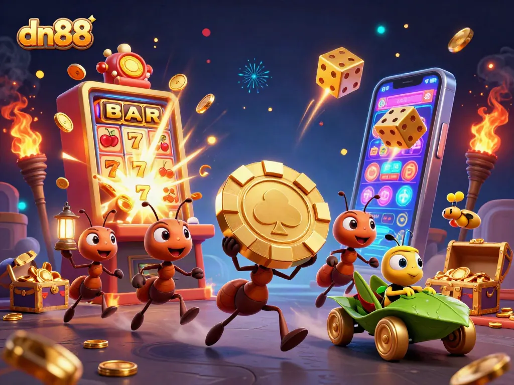 Engage with dn88's thrilling heist scene featuring ants and a grasshopper in a vibrant casino world.