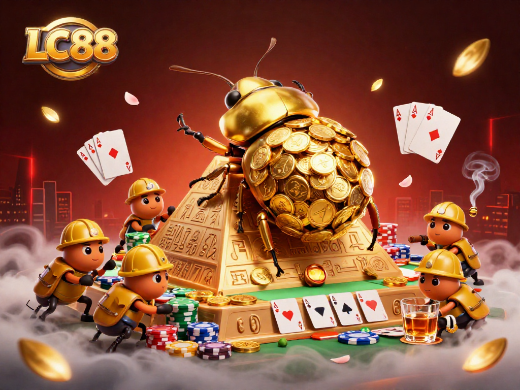 Engage in thrilling gameplay at LC88 with golden treasures, poker chips, and animated characters.