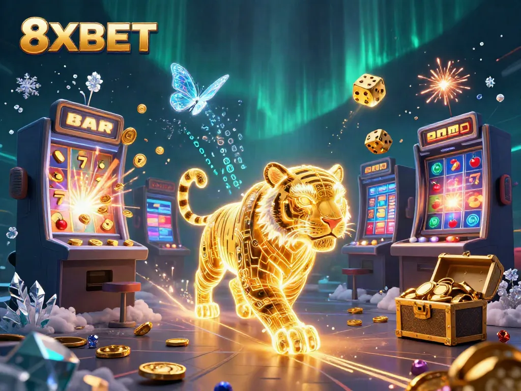 Engage in thrilling gameplay with 8XBET digital casino featuring a neon tiger and jackpot excitement.