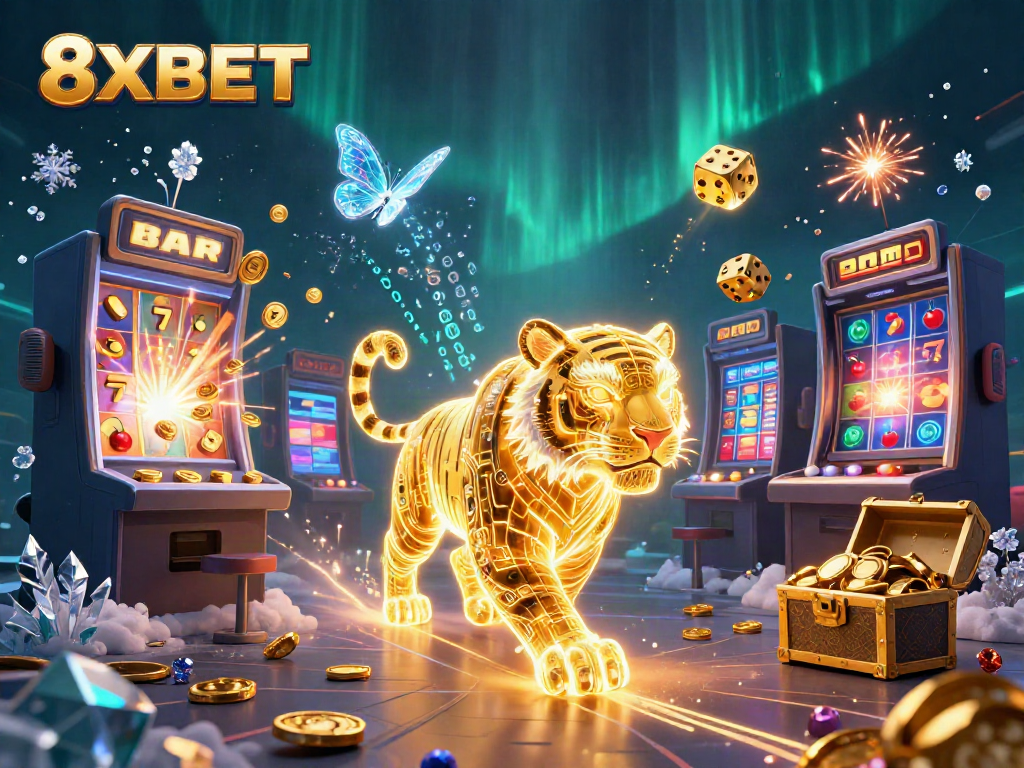 Engage in thrilling gameplay with 8XBET digital casino featuring a neon tiger and jackpot excitement.