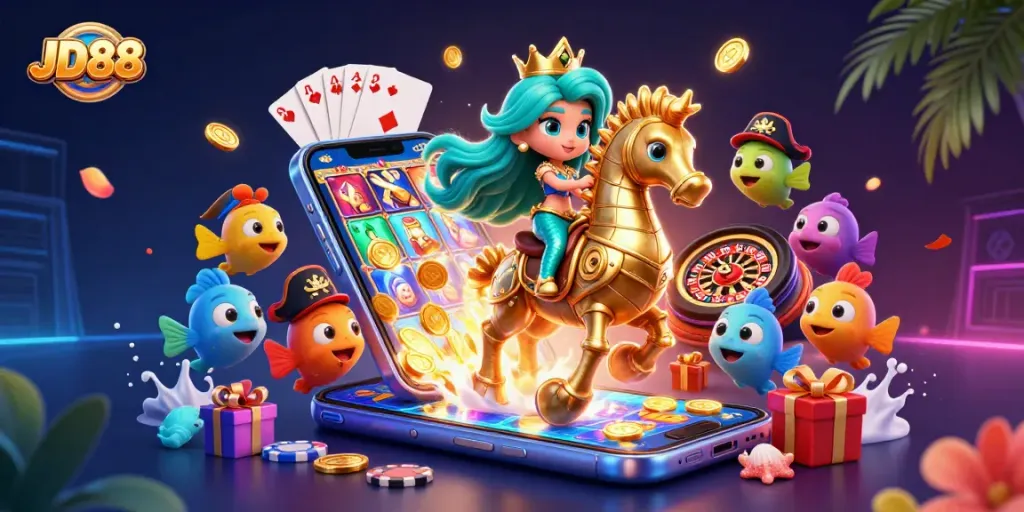 Spin to win with JD88: A colorful 3D casino scene showcasing a mermaid princess and seahorse amidst slot and card games.