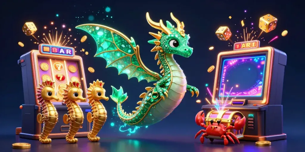Experience endless winnings at F8BET with vibrant slot machines, a majestic sea dragon, and treasure chests overflowing.