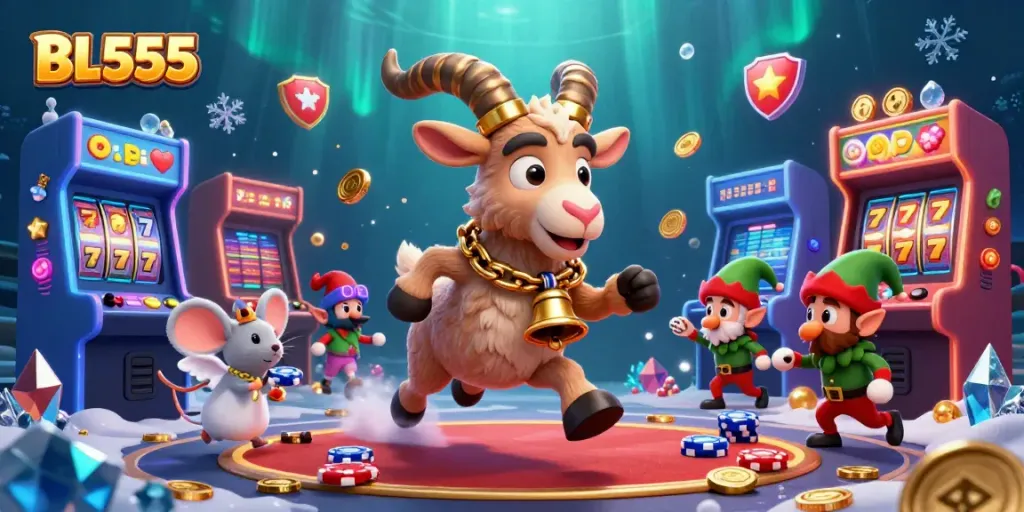 Experience thrilling gameplay at BL555 with a spooky festive casino scene featuring Krampus, chips, and vibrant arcade elements.