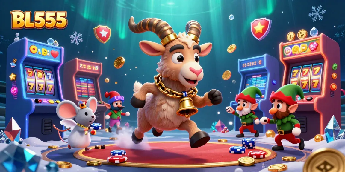 Experience thrilling gameplay at BL555 with a spooky festive casino scene featuring Krampus, chips, and vibrant arcade elements.