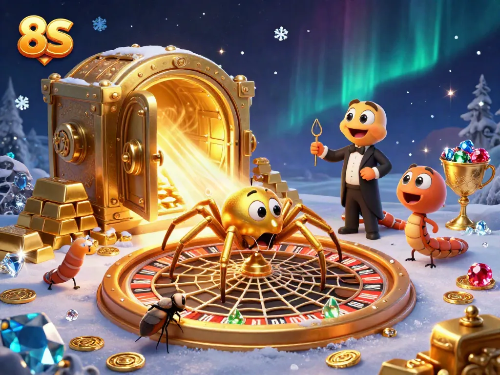 Spin the roulette with thrilling action in the 8S casino scene featuring vibrant characters and golden treasures.