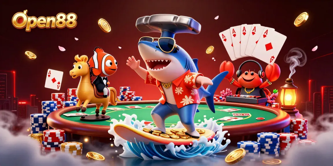 Open88 offers thrilling gaming, showcased by a shark surfing gold coins amidst an exciting casino scene.