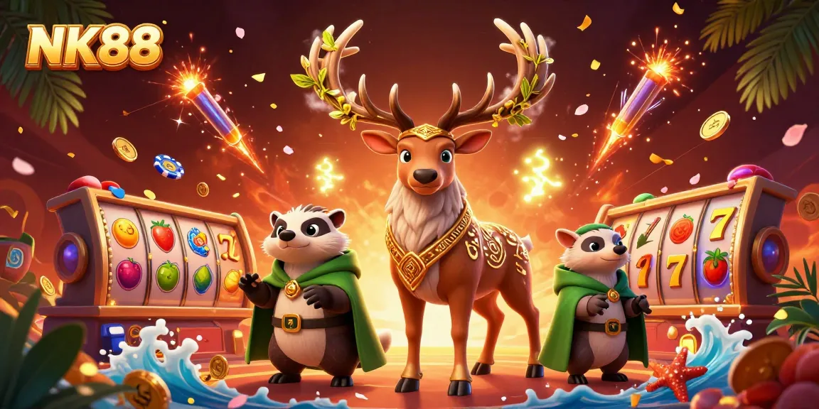 Experience thrilling games at NK88 with vibrant slot reels and magical characters.