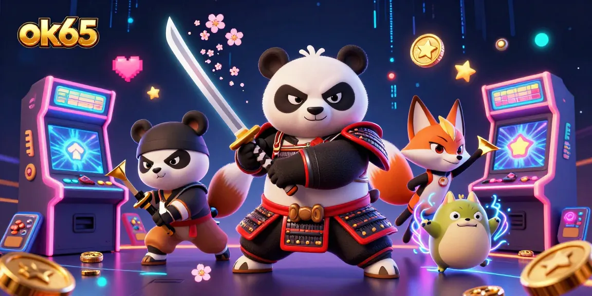 Engage players with ok65 delights at the casino featuring dynamic samurai and fox characters alongside vibrant game machines.