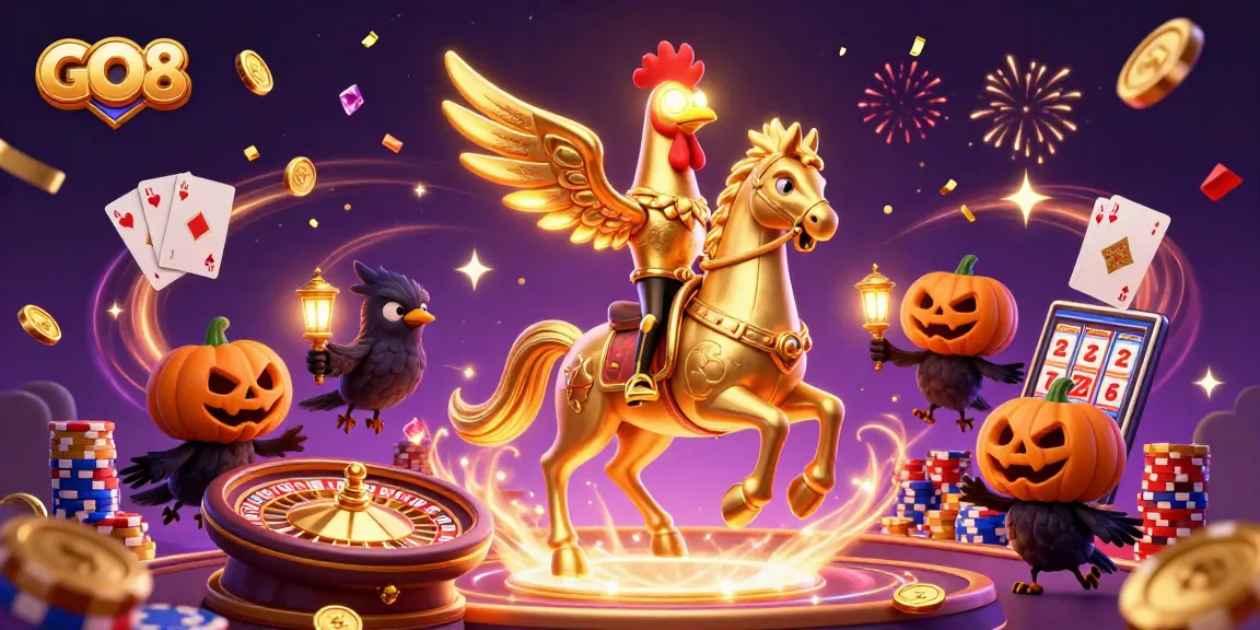 Win big with GO 8 at the vibrant midnight casino featuring a golden rooster and festive elements.
