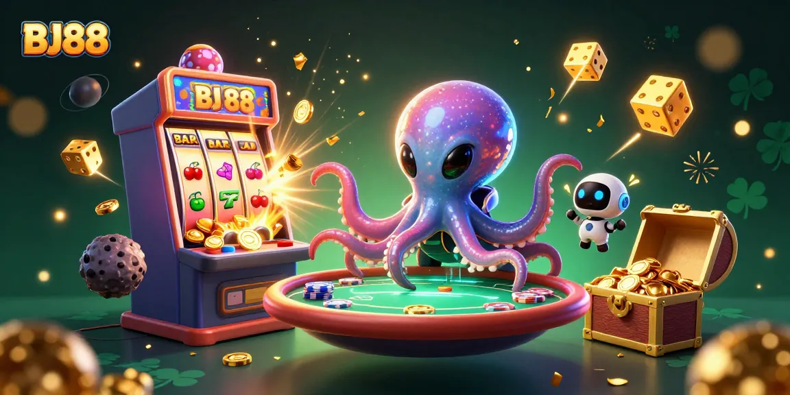 Experience exciting wins at BJ88 with a whimsical alien octopus gaming at a vibrant casino scene full of jackpots.