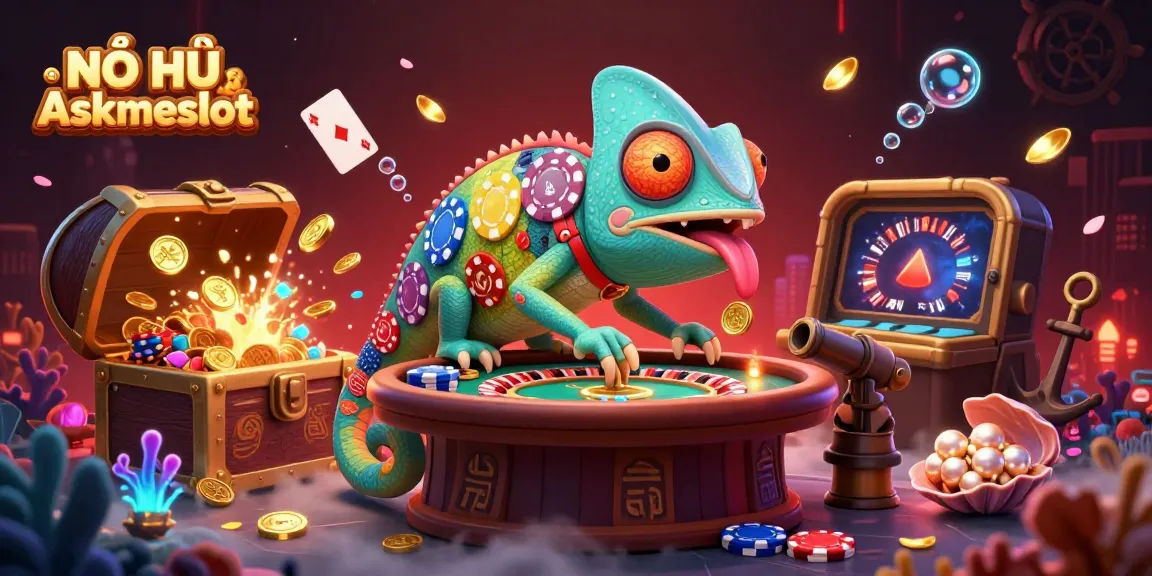 NỔ HŨ Askmeslot casino chameleon snaps up golden coins amid dynamic slot reels and underwater treasures.