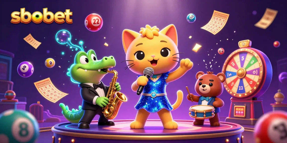 Experience sbobet's excitement with dynamic lottery balls and vibrant casino characters in a lively scene.