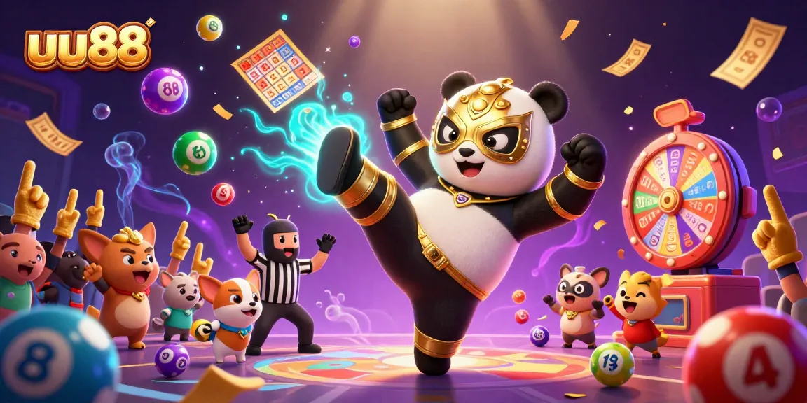 Experience the excitement of uu88 with a panda wrestler kicking and animals cheering amidst lottery elements.