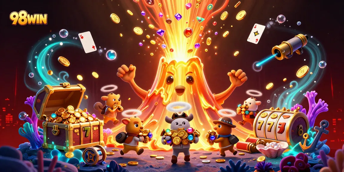 Engage with 98WIN's thrilling casino games featuring a gold volcano erupting coins amid vibrant underwater elements.