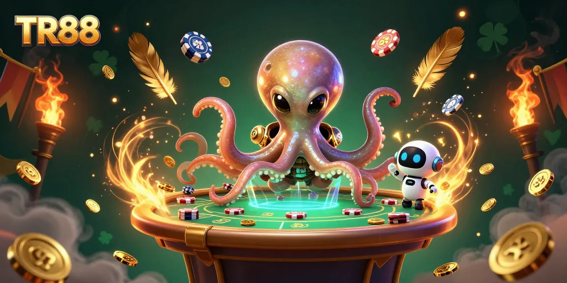 Experience thrilling poker action with TR88 in a vibrant alien casino scene featuring a lively octopus dealer.