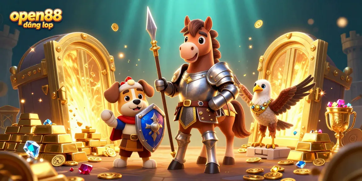 Experience seamless gaming with open88 đăng nhập in a vibrant 3D casino scene filled with treasures.