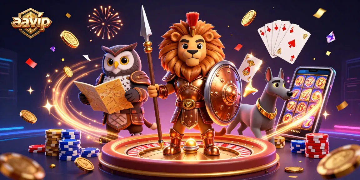 Engage with aavip's captivating casino scene featuring a heroic Spartan lion and dynamic game elements.