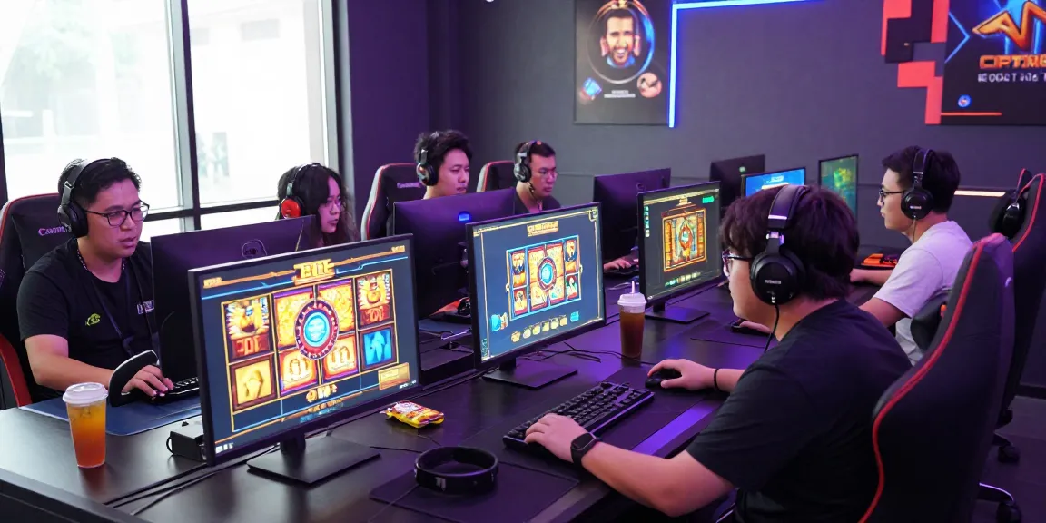 situs slot deposit 10 ribu players enjoying an immersive online gaming experience at modern gaming setups with vibrant screens and colorful graphics.