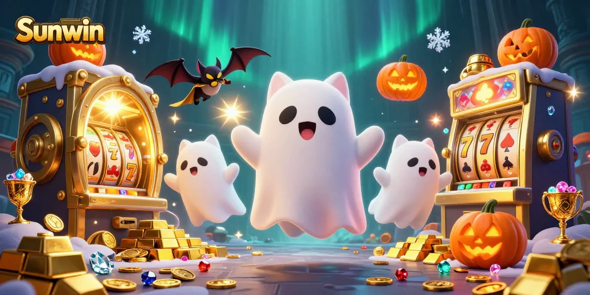 Experience thrilling gaming action at Sunwin with a dynamic illustration of a ghostly cat and bat in a vibrant casino.