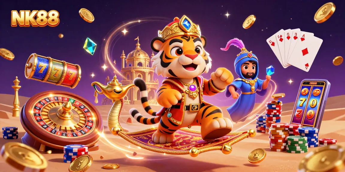 Experience thrilling jackpots at NK88 with our vibrant casino elements and 3D illustration.