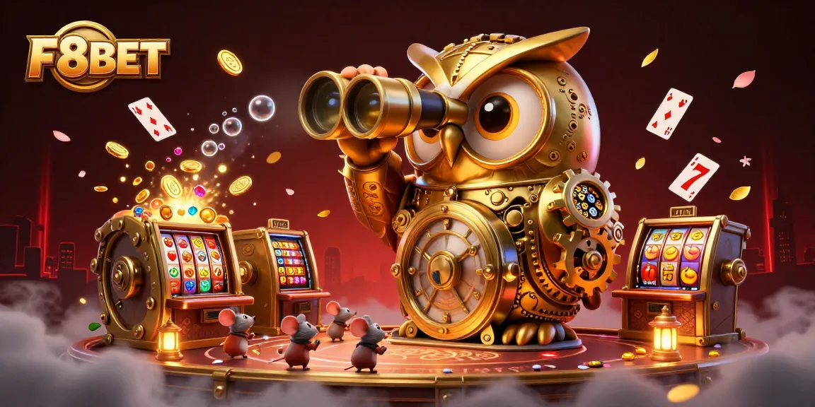Experience the excitement at F8BET with a golden owl overseeing a vibrant casino of thrilling slot games.
