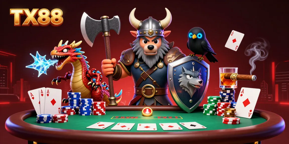 Engage with TX88's thrilling gaming scene featuring a Viking warrior and dragon at a dynamic poker table.