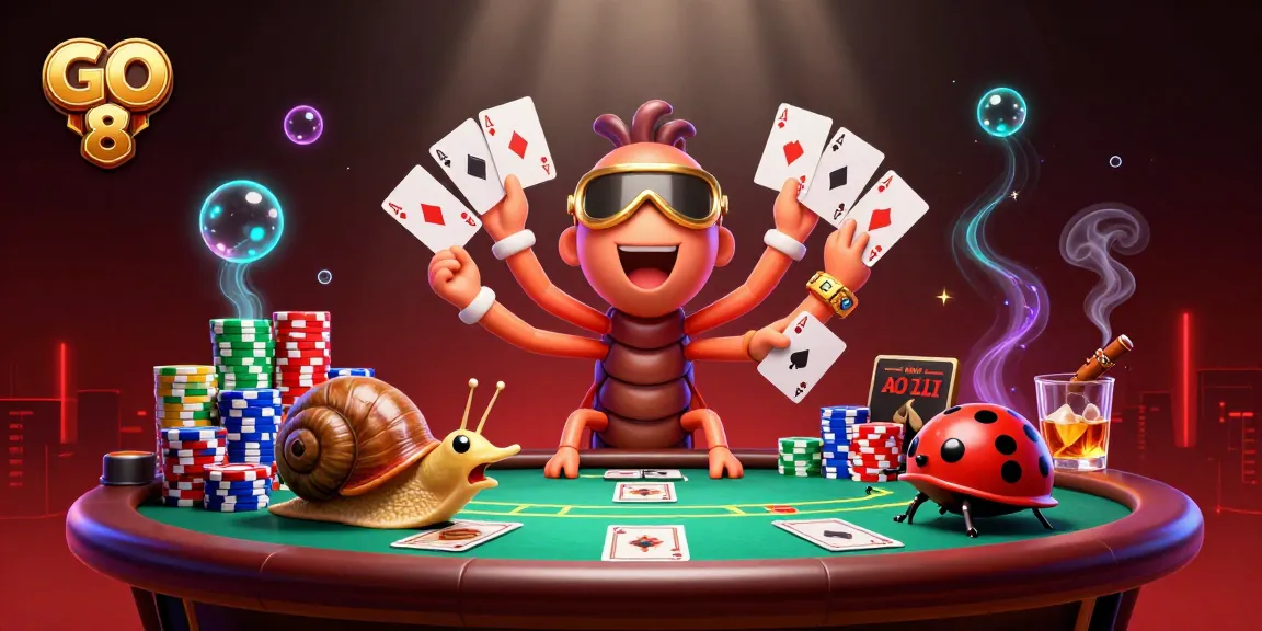 Experience the thrill of GO 8 casino with colorful characters at a dynamic poker table.
