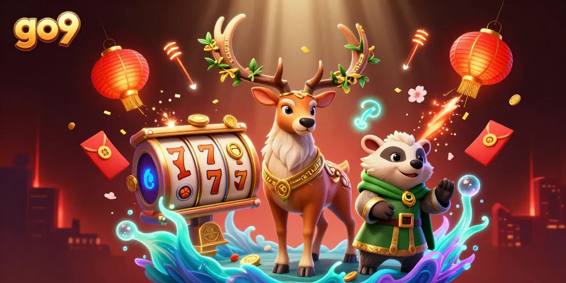 Experience the excitement at go9 with spinning slot reels and enchanting characters in vibrant casino illustration.