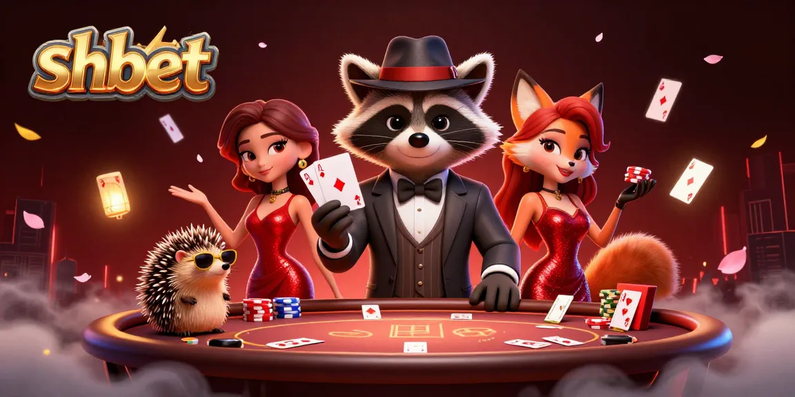 Engage in shbet action with a suave raccoon, dazzling fox, and bouncer amidst Poker excitement.